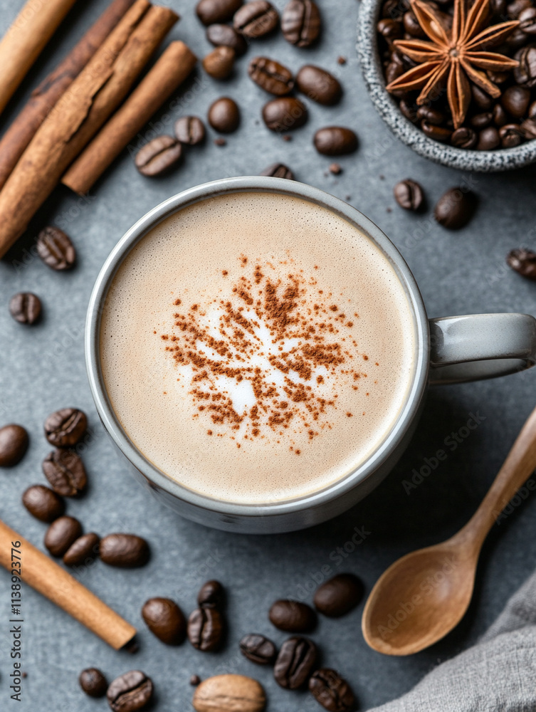 Fototapeta premium Warm spiced latte with coffee beans and spices