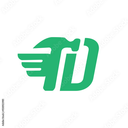 A flat logo of monogram TD in green with the letter T in a hammer shape with a wing