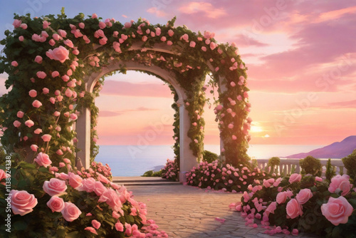 A lush garden archway covered in blooming roses and vines, with a glowing pink sunset in the background.