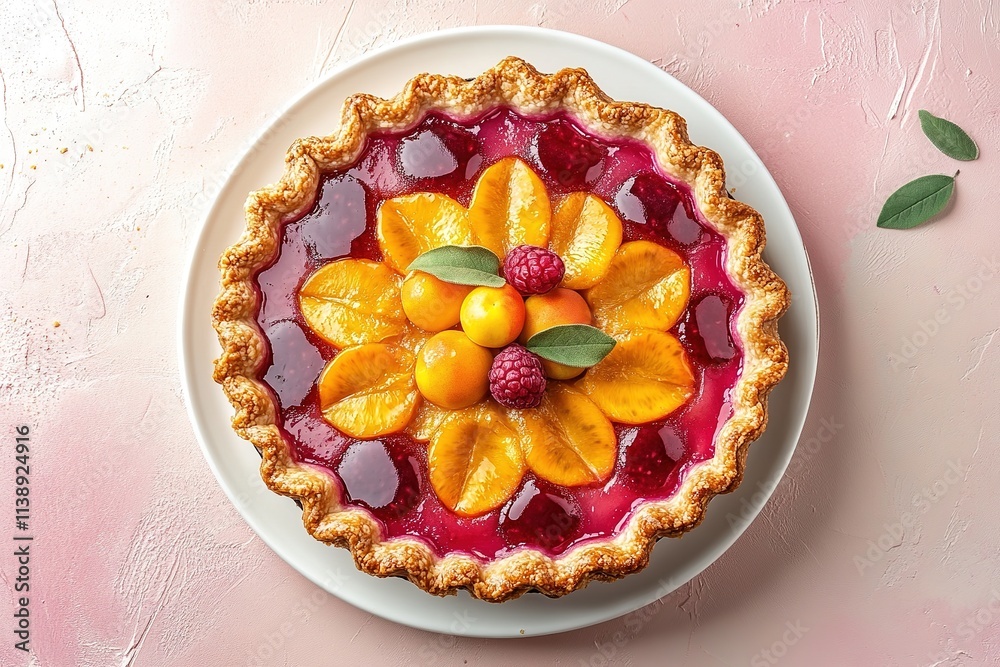 Vibrant fruit tart on pink background, top view, copy space Vibrant fruit tart on pink background, top view, copy space