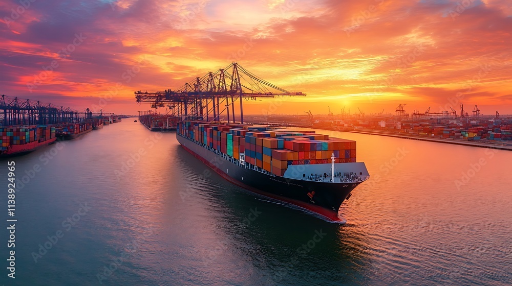 Cargo ship at sunset in a port. Global trade and logistics concept. Cargo ship at sunset in a port. Global trade and logistics concept.