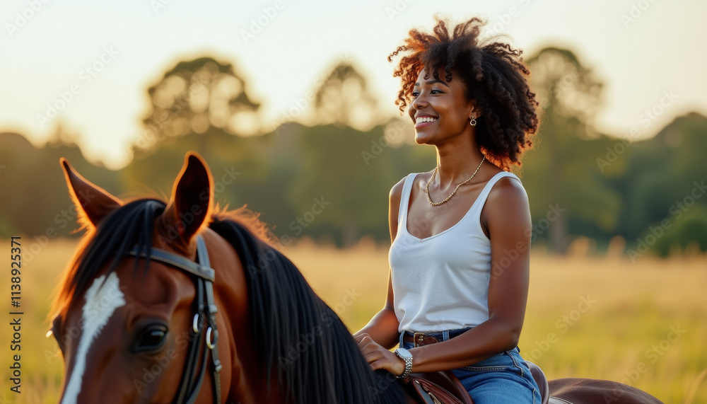 Fototapeta premium Woman Riding Horse in Golden Sunset
