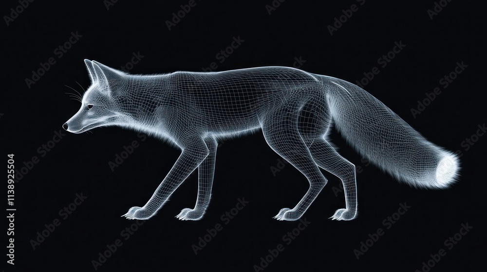 Fototapeta premium Wireframe fox, digital rendering on black.