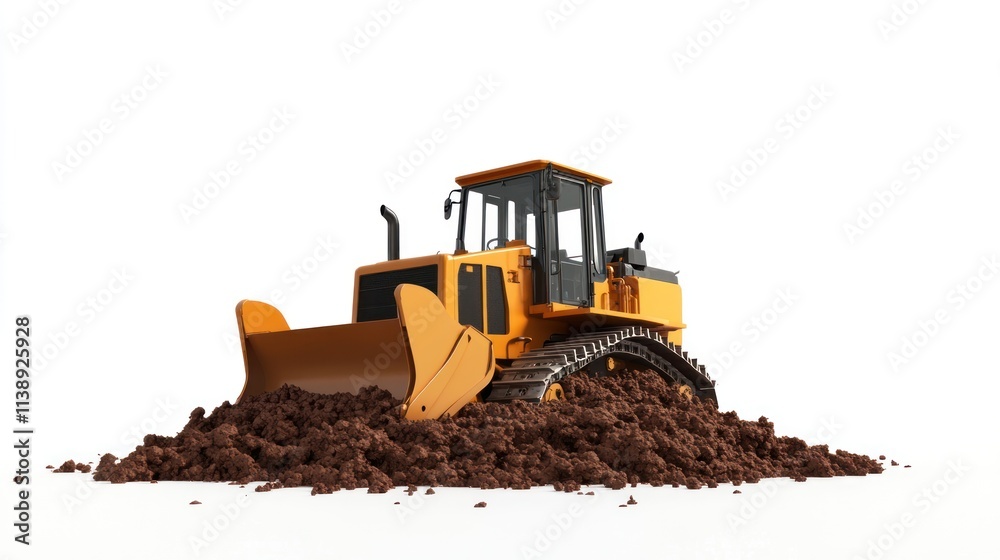 Bulldozer is moving a mound of earth that is blocking it, minimalist three-dimensional concept on a plain white background