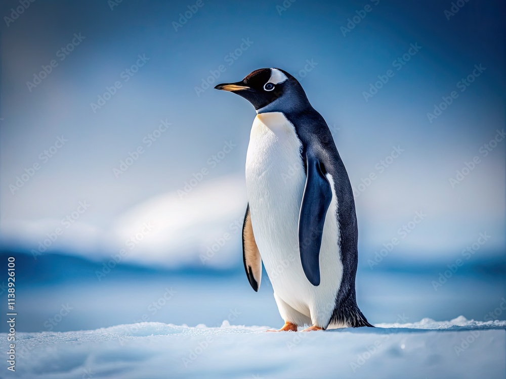 Fototapeta premium Arctic penguin, pristine snow, minimalist winter scene.