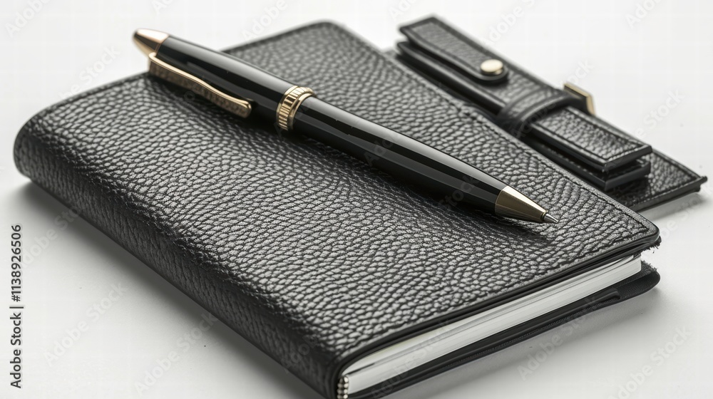 Office essentials gift set with a sleek pen, notebook, and leather cardholder, arranged on a white background for a professional style . Office essentials gift set with a sleek pen, notebook, and leather cardholder, arranged on a white background for a professional style .
