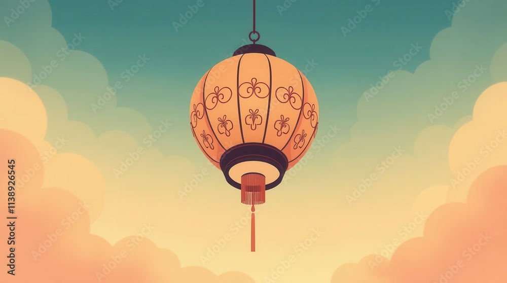 Obraz premium A single ornate Chinese lantern glowing softly against a cloudy blue sky, creating a peaceful and traditional festive mood.
