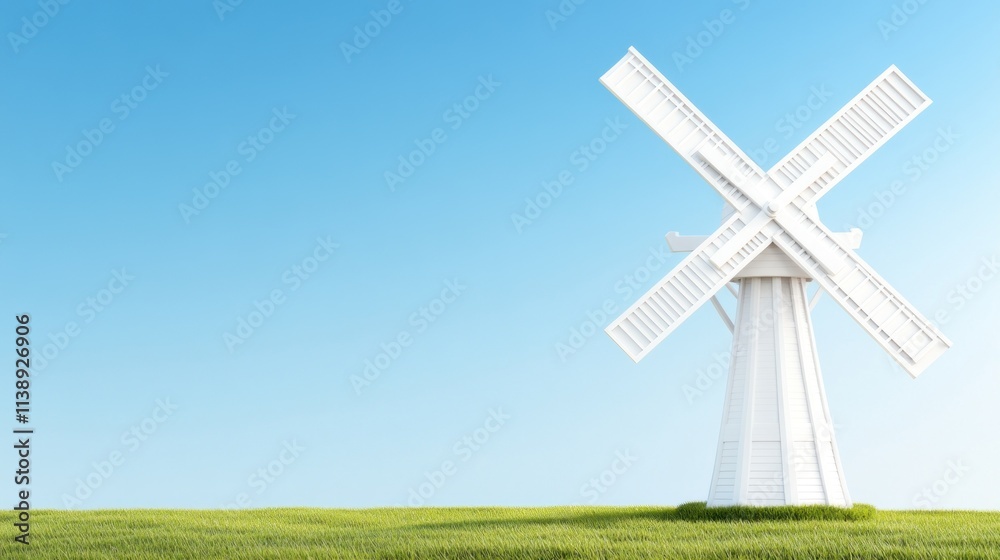 Fototapeta premium A white windmill stands against a clear blue sky and green grass.
