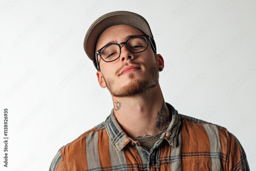 Stylish Young Man with Glasses and Hat Posing Confidently Against a Light Background Stylish Young Man with Glasses and Hat Posing Confidently Against a Light Background