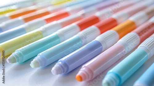 Pack of highlighters in various pastel shades, arranged on a white background to emphasize gentle, subtle color options . photo