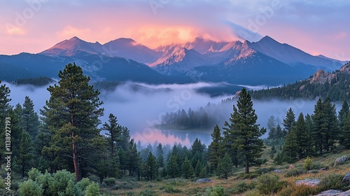 Misty sunrise over mountain lake and pine forest.