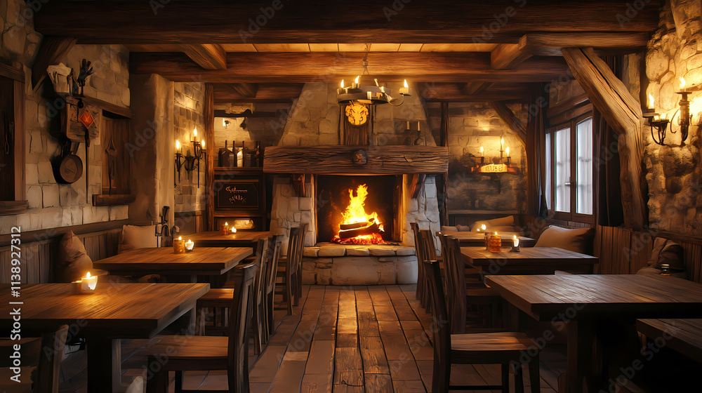 Warm medieval tavern with wooden tables and a roaring fireplace candle-light setting cozy with rich wood tones and soft flickering light detailed 3d rendering. Flicker. Illustration Warm medieval tavern with wooden tables and a roaring fireplace candle-light setting cozy with rich wood tones and soft flickering light detailed 3d rendering. Flicker. Illustration