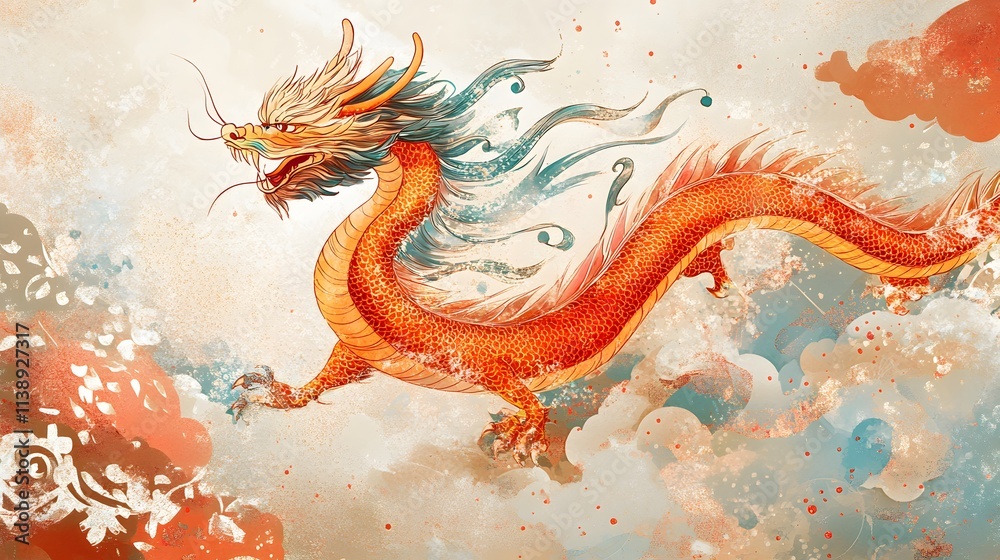Obraz premium Majestic Orange Dragon Soaring Through Whimsical Clouds