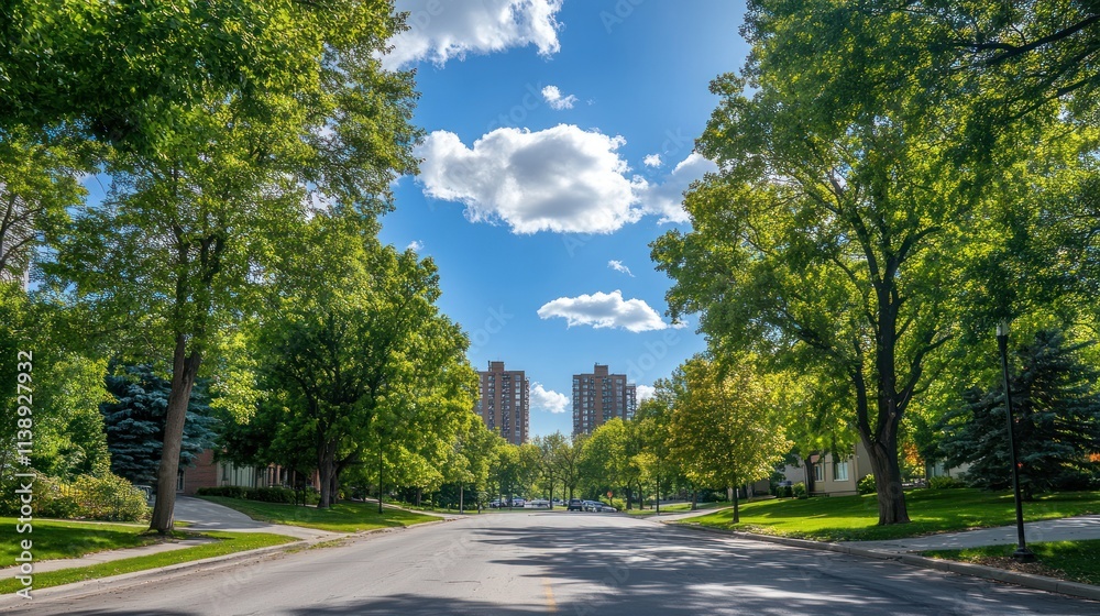 Sunny residential street lined with lush green trees and buildings in the distance. Sunny residential street lined with lush green trees and buildings in the distance.