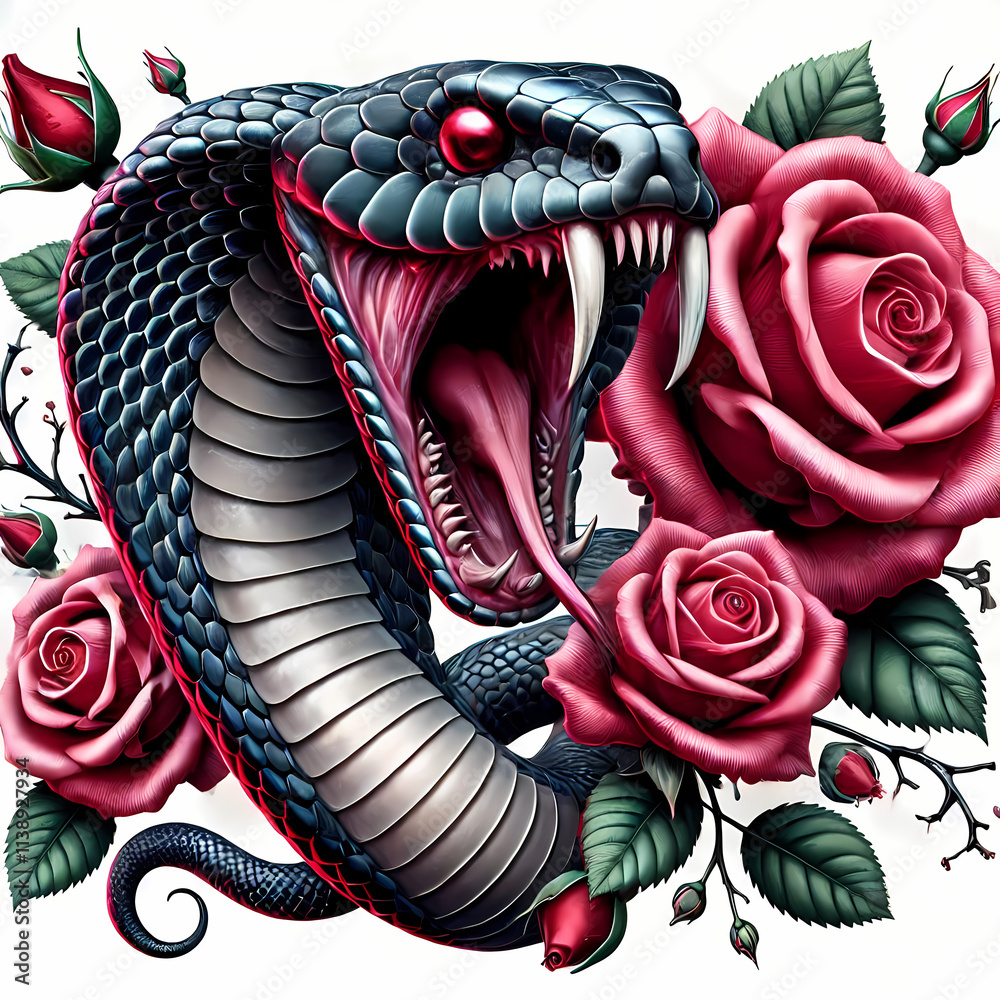 Obraz premium 3D Ai Digital illustration art rattlesnake tattoo logo design, Cobra snake, vibrant, deep pink roses with thorns, danger, scary and horror, t-shirt, stickers, print, Isolated on white background 