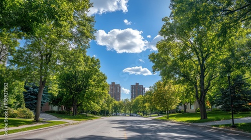 Sunny residential street lined with lush green trees and buildings in the distance.