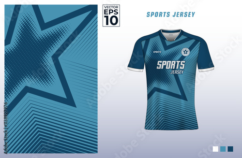 T-shirt sport jersey design template with star halftone and geometric line art pattern for gaming, e-sports, soccer, badminton, or volleyball. T shirt mockup for sport club. Vector Illustration
