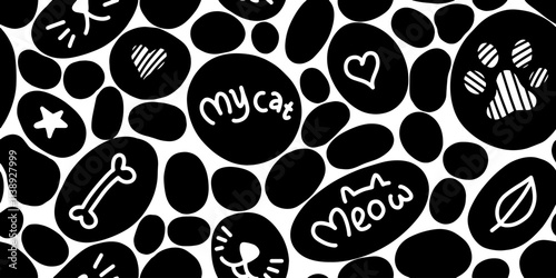 abstract seamless pattern with calligraphic slogan, cat, hearts, words, background for textile, graphic tees, Wallpaper, kids wear.