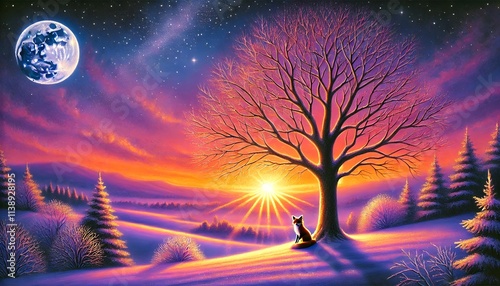 Fox Beneath a Glowing Tree at Sunset in a Winter Wonderland with a Starry Twilight photo