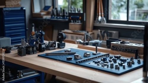A closeup view of a workbench cluttered with various customizable jigs and fixtures highlighting tools and materials used for assembly. photo