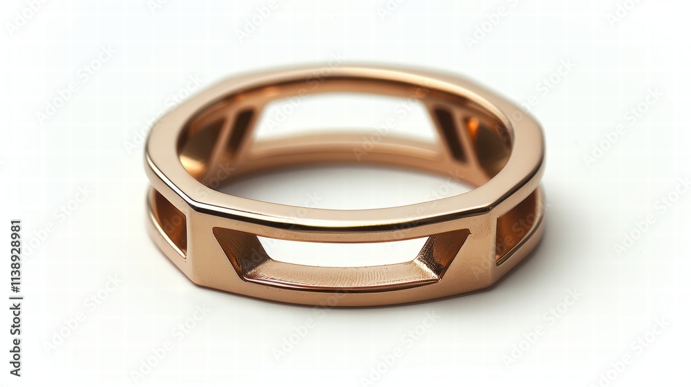 Rose gold ring with a minimalist geometric design, positioned on a white background to emphasize modern elegance . Rose gold ring with a minimalist geometric design, positioned on a white background to emphasize modern elegance .