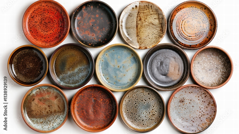 Rustic stoneware plates with earthy tones, layered on a white background to highlight their textured and artisanal look . Rustic stoneware plates with earthy tones, layered on a white background to highlight their textured and artisanal look .