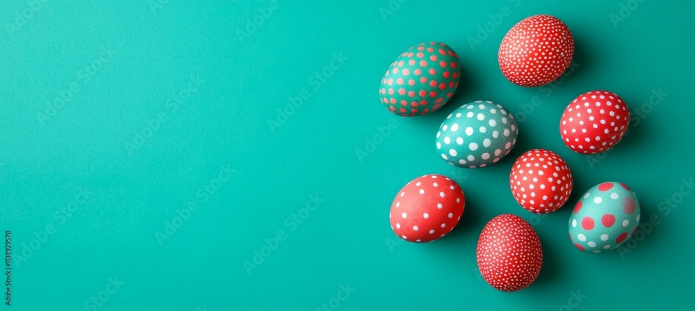 Colorful Easter Eggs on Turquoise Background Festive Spring Holiday Decoration with Copy Space. Colorful Easter Eggs on Turquoise Background Festive Spring Holiday Decoration with Copy Space.