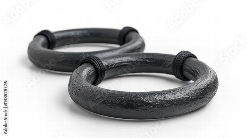 Set of gymnastic rings with adjustable straps, displayed on a white background for strength training versatility . photo