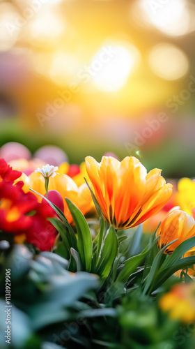 Bright orange and red tulips flourish under the warm glow of the setting sun, creating a tranquil garden atmosphere photo