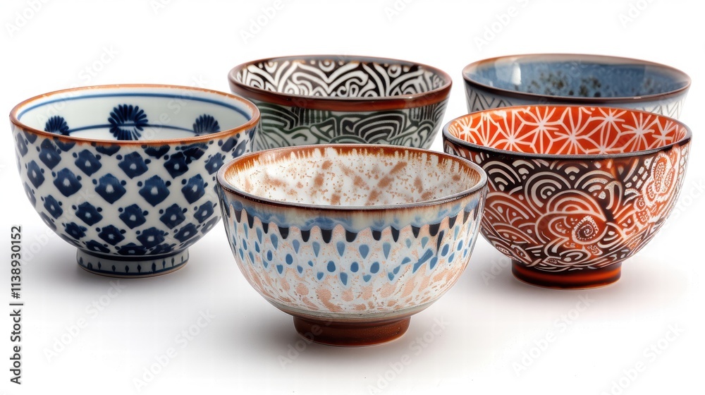 Set of small, traditional Japanese-style bowls with intricate patterns and subtle colors, displayed on a white background . Set of small, traditional Japanese-style bowls with intricate patterns and subtle colors, displayed on a white background .
