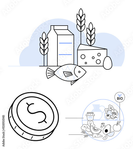 Milk carton, cheese, wheat, fish, and egg paired with a dollar coin and BIO labeled food section. Ideal for healthy diet, organic food, costs, grocery shopping nutrition sustainability