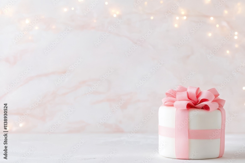 Elegant gift box with pink bow on marble background and twinkling lights Elegant gift box with pink bow on marble background and twinkling lights