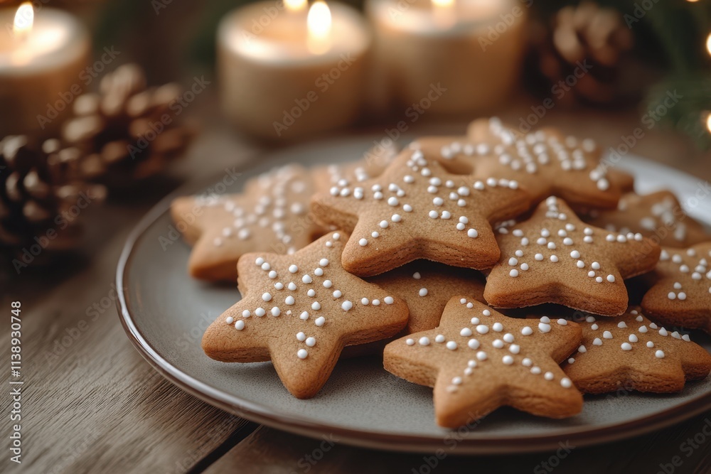 Festive star-shaped cookies with icing surrounded by candlelight and pinecones Festive star-shaped cookies with icing surrounded by candlelight and pinecones
