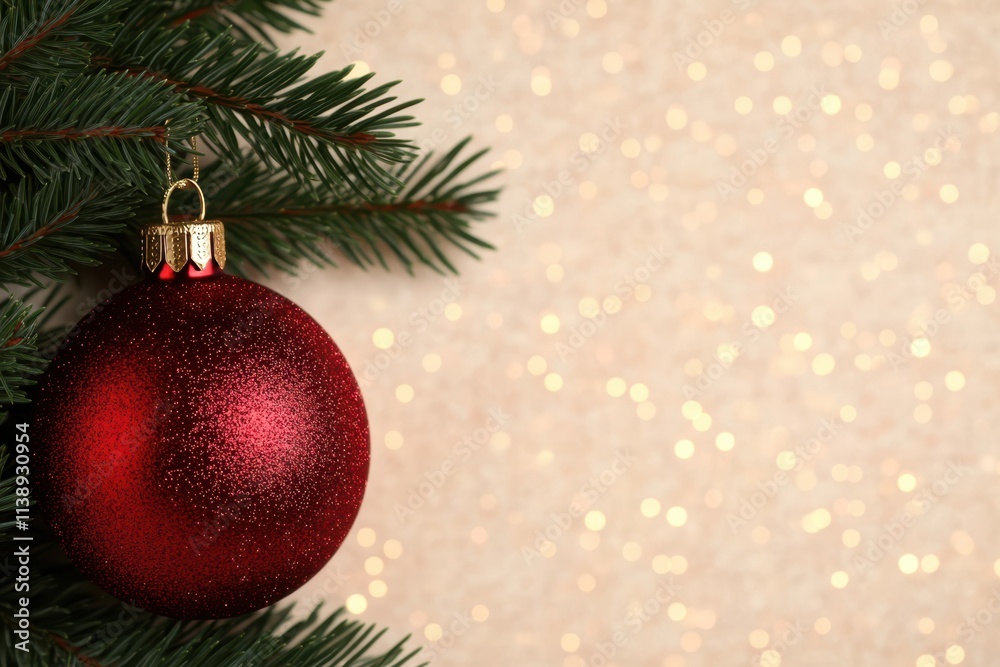 Festive red ornament on christmas tree with glittering gold bokeh background Festive red ornament on christmas tree with glittering gold bokeh background