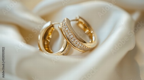 Small huggie hoop earrings with diamond accents, isolated on a white background for a subtle, elegant appeal . photo