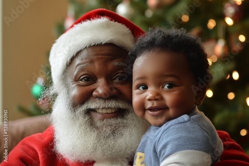 Festive knee with gorgeous baby boy. Santa claus with cute black baby boy with delight emotion. Santa claus baby studio. Baby with santa. Santa claus and happy child. Baby happy on santa cl.