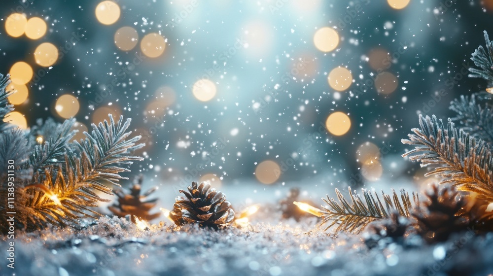 Snowy scene with pinecones, branches, and festive lights. Snowy scene with pinecones, branches, and festive lights.