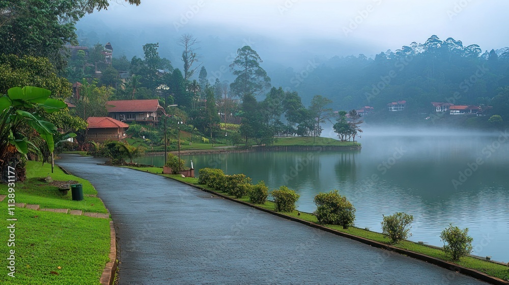 Fototapeta premium Foggy lake and road in forested mountain.