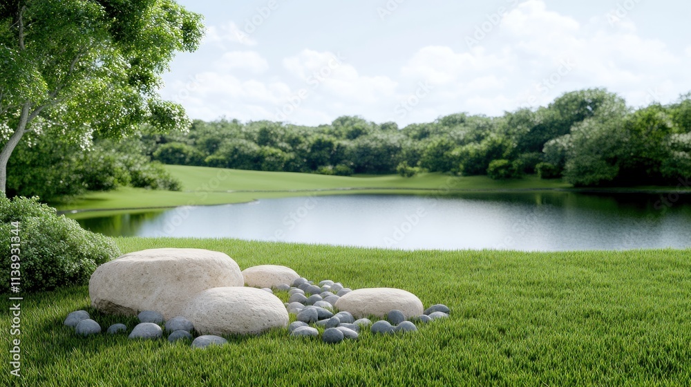 Naklejka premium Serene lakeside view with stones and lush greenery.