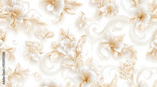 Elegant floral pattern with beige and white flowers and swirling leaves