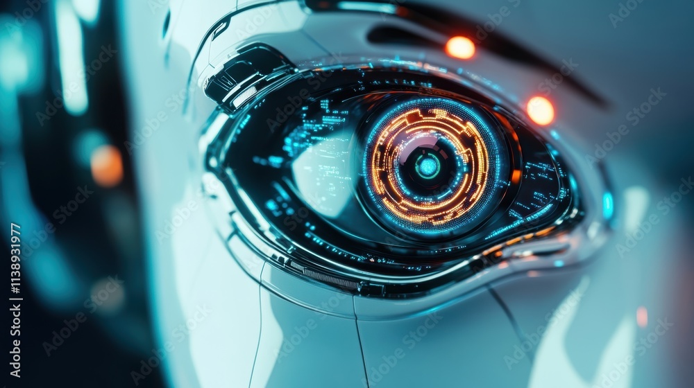 A pair of robotic eyes with advanced camera systems focusing intently on an object illustrating the intricate technology enabling machine vision. A pair of robotic eyes with advanced camera systems focusing intently on an object illustrating the intricate technology enabling machine vision.