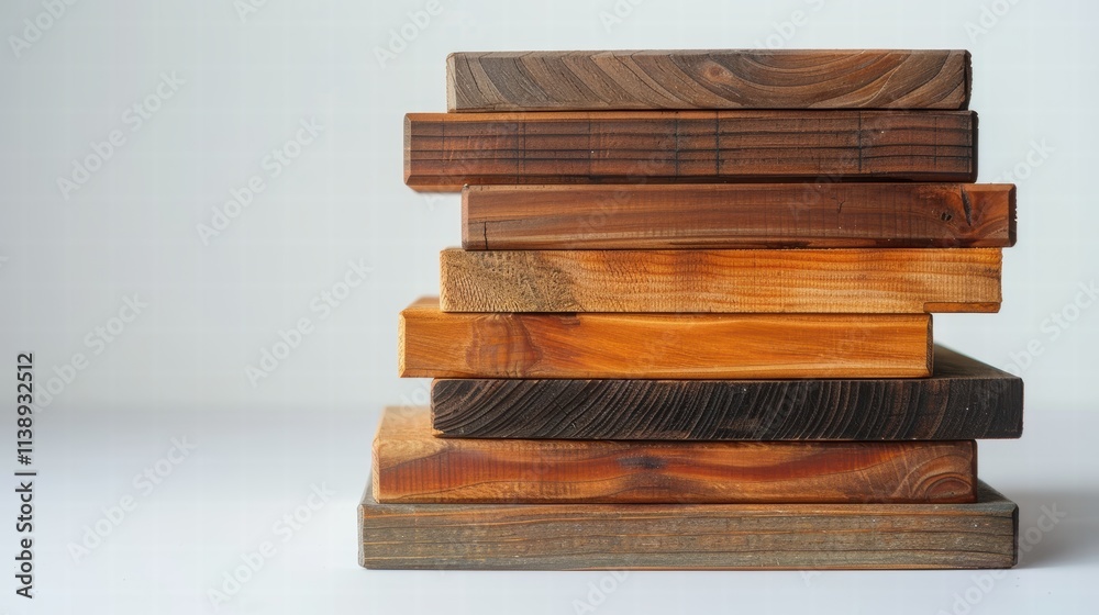 Stack of wooden planks with a smooth finish, isolated on a white background to emphasize natural material quality and versatility . Stack of wooden planks with a smooth finish, isolated on a white background to emphasize natural material quality and versatility .