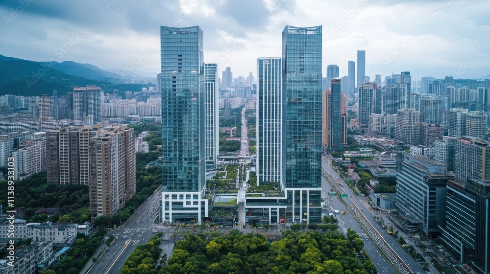 Fototapeta premium Aerial view of modern city skyline with skyscrapers and green spaces.