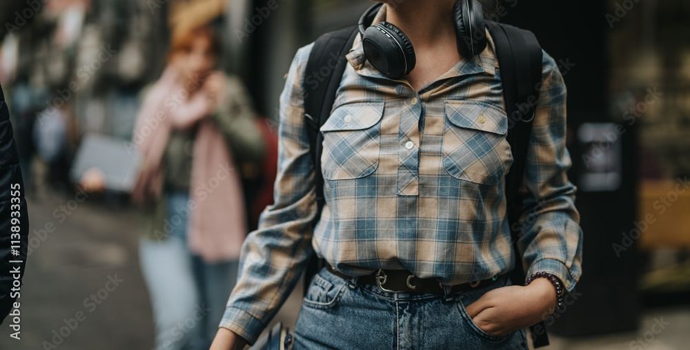 A casually dressed student stands outdoors with headphones around their neck and a backpack. The setting suggests an urban environment with a relaxed, modern vibe. A casually dressed student stands outdoors with headphones around their neck and a backpack. The setting suggests an urban environment with a relaxed, modern vibe.