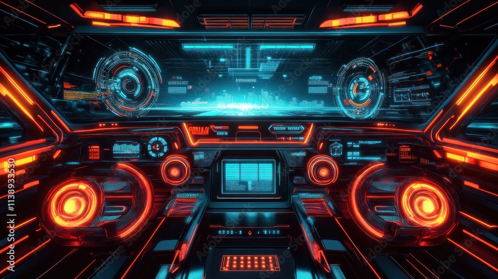 Sci-fi cockpit with glowing screens and complex controls. Sci-fi cockpit with glowing screens and complex controls.