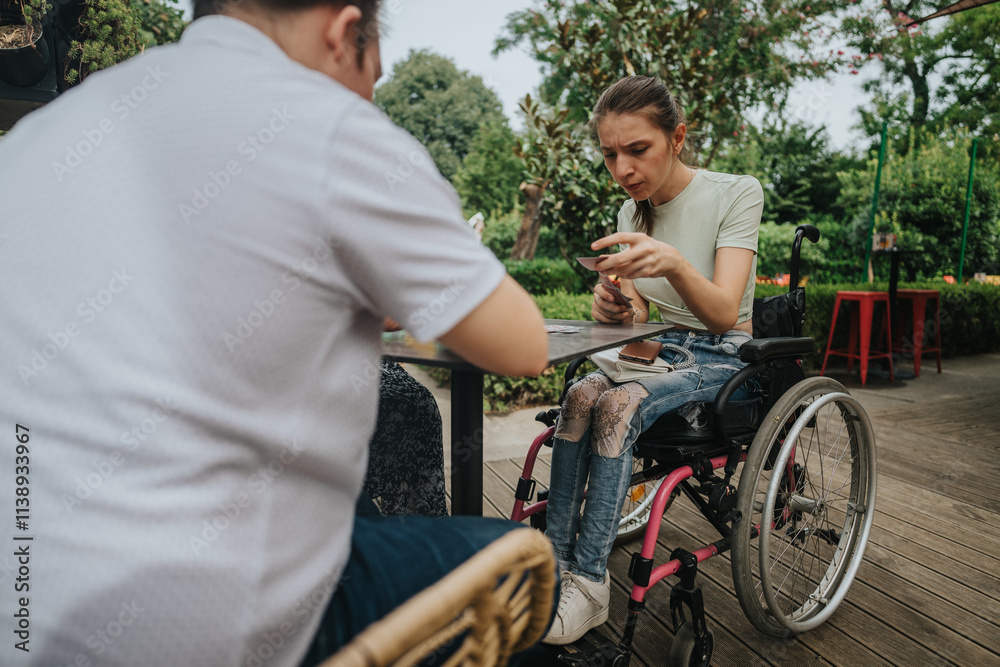 custom made wallpaper toronto digitalA young woman in a wheelchair is seated at a table in an outdoor cafe, engaged in a conversation with another person. The setting is friendly and inclusive.