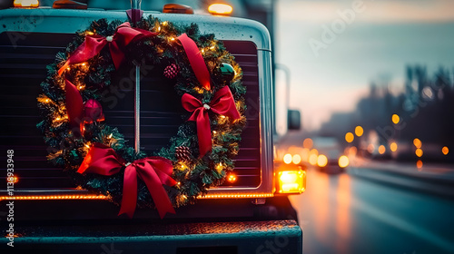Festive wreath adorned with red ribbons on semi trucks back, celebrating holiday spirit on road.