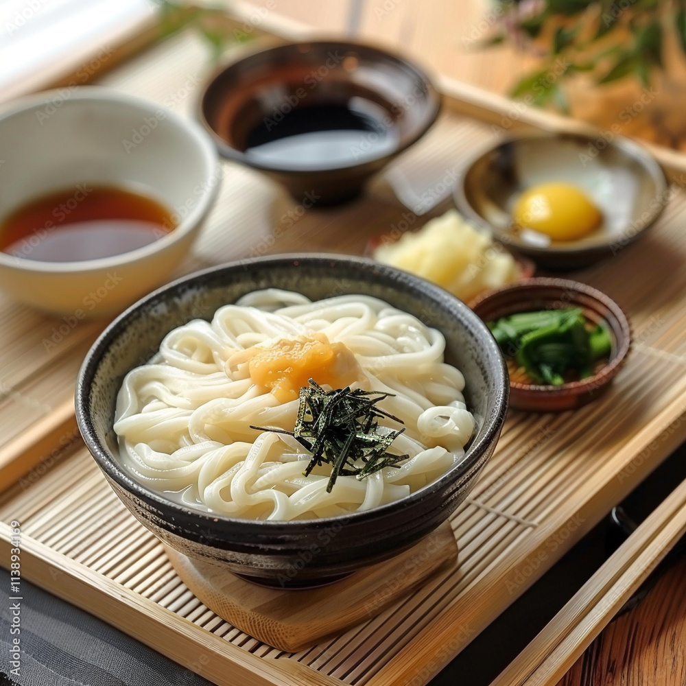 The Traditional Japanese Udon Bowl with Fresh Ingredients and Rustic Aesthetic. Perfect for Japanese cuisine photography, restaurant menus, and food blogs. The Traditional Japanese Udon Bowl with Fresh Ingredients and Rustic Aesthetic. Perfect for Japanese cuisine photography, restaurant menus, and food blogs.