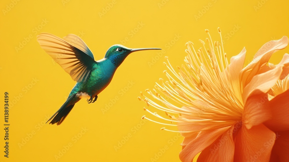 Obraz premium Hummingbird approaching flower, yellow background.