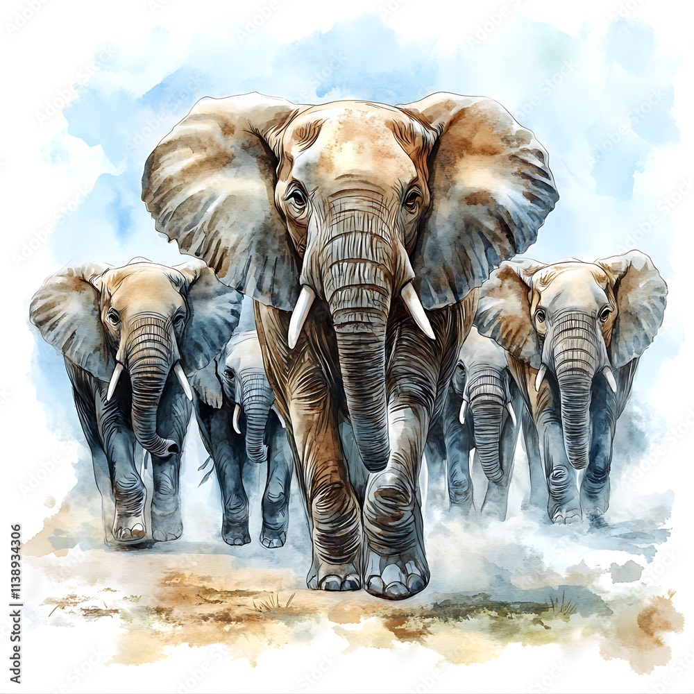 Fototapeta premium A majestic herd of African elephants walking together in a watercolor painting style.